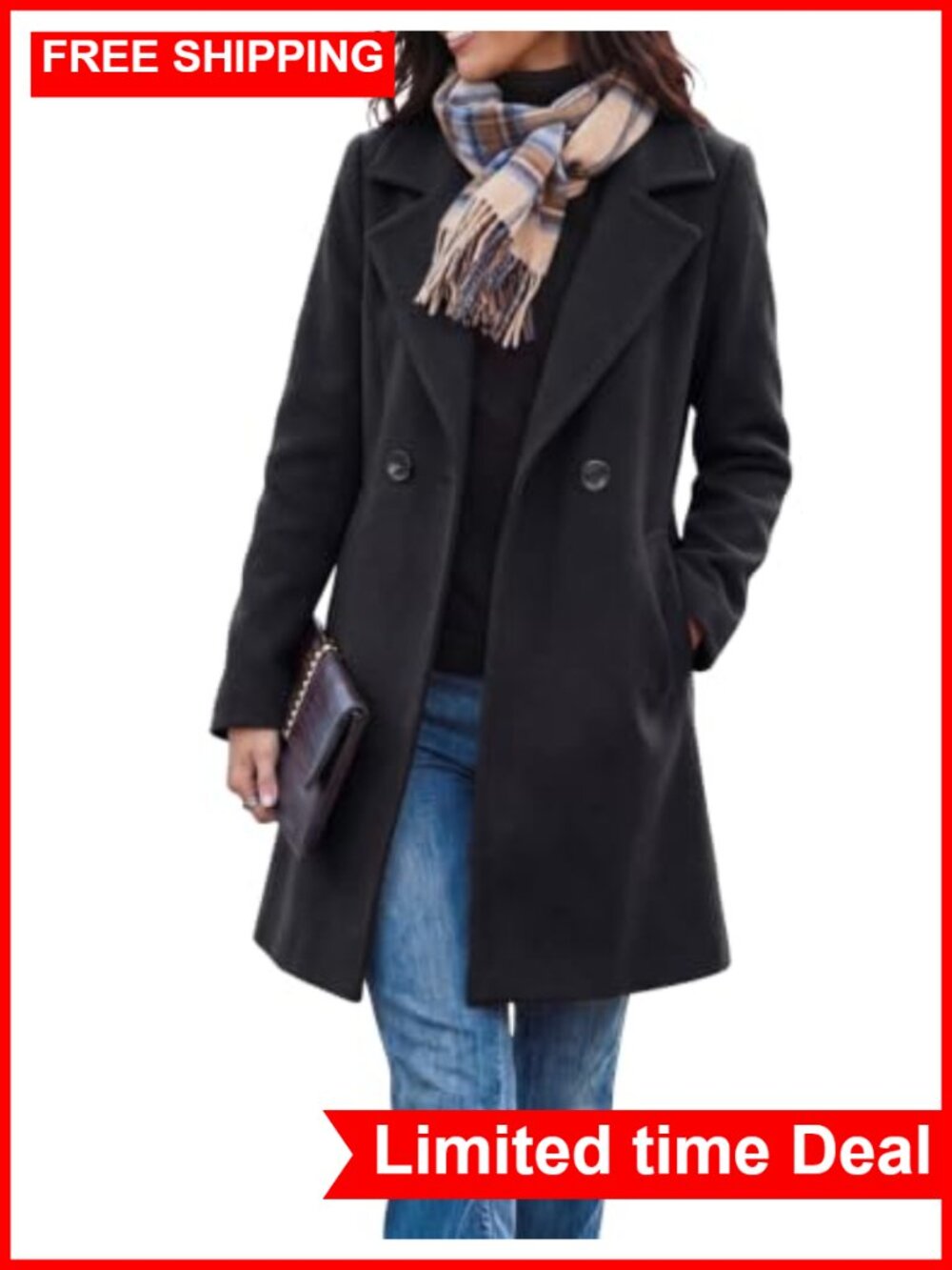 Wool Cotton Blend Pea Coat Long Notch Lapel Double Breasted